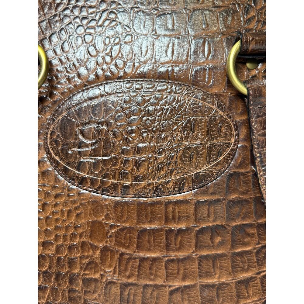 Vintage Octopus Brand XL Brown Leather Satchel Bag Croc Embossed Handbag Brass - Picture 5 of 16